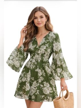 Anthropologie Patrons of Peace Boho Green white floral print mini dress LS Small